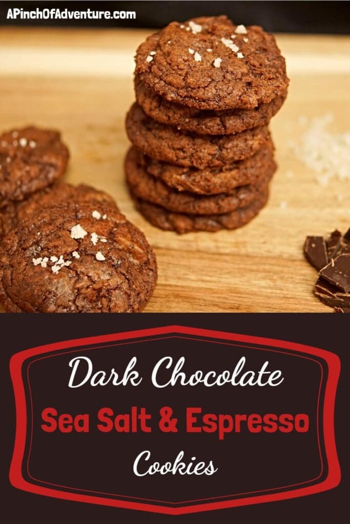 These dark chocolate cookies are made with sea salt and espresso for a rich, dark flavor. Made it with instant espresso is easy and the sea salt flakes bring out the rich dark chocolate flavor. These homemade chocolate cookies are perfectly chewy. -APinchOfAdventure