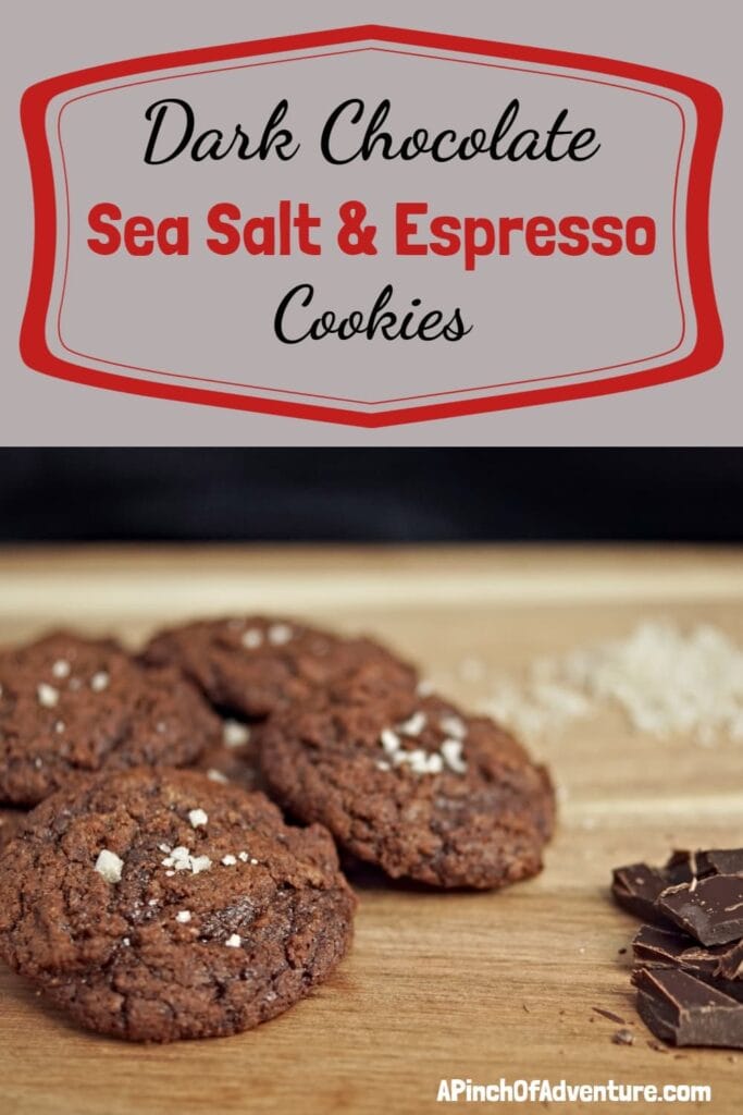 These dark chocolate cookies are made with sea salt and espresso for a rich, dark flavor. Made it with instant espresso is easy and the sea salt flakes bring out the rich dark chocolate flavor. These homemade chocolate cookies are perfectly chewy. -APinchOfAdventure