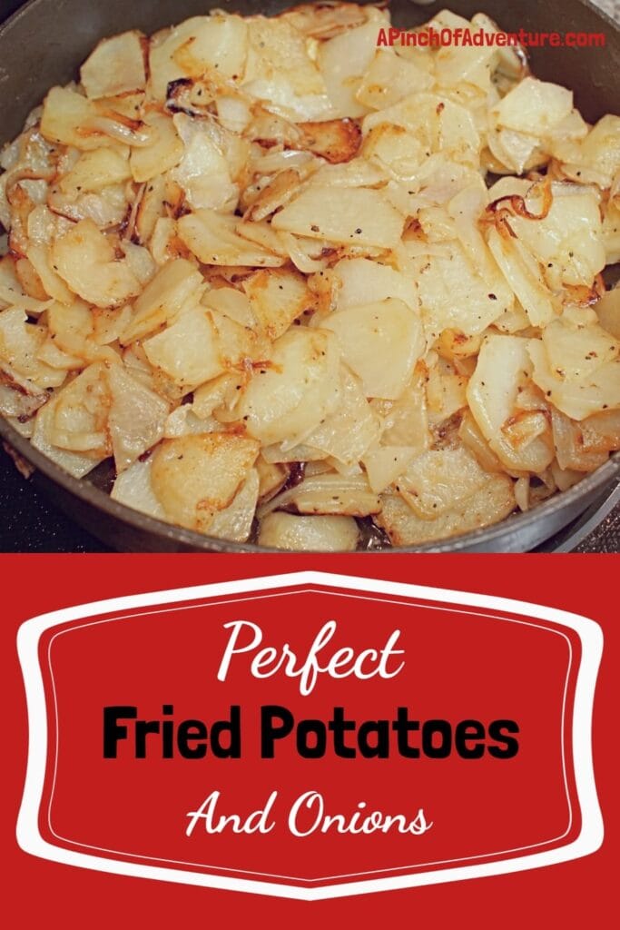 This is the best fried potatoes and onions recipe. It's a copycat recipe from Lambert's cafe and a classic southern potato side dish. These pan fried potatoes are the best side dish to any meal and it's kid friendly and delicious! -APinchOfAdventure