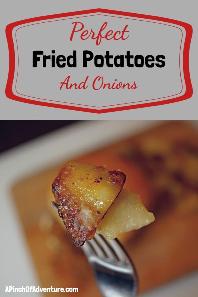 This is the best fried potatoes and onions recipe. It's a copycat recipe from Lambert's cafe and a classic southern potato side dish. These pan fried potatoes are the best side dish to any meal and it's kid friendly and delicious! -APinchOfAdventure