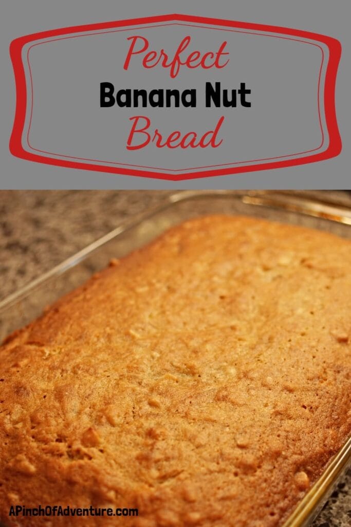 This perfect, easy banana bread is the best recipe to use those old bananas. This banana bread is perfectly moist and contains walnuts. You could easily add chocolate chips or different nuts or it can be made into muffins. This is a quick and easy recipe for homemade banana bread. -APinchOfAdventure
