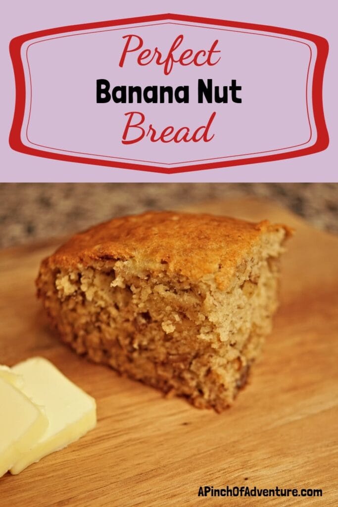 This perfect, easy banana bread is the best recipe to use those old bananas. This banana bread is perfectly moist and contains walnuts. You could easily add chocolate chips or different nuts or it can be made into muffins. This is a quick and easy recipe for homemade banana bread. -APinchOfAdventure