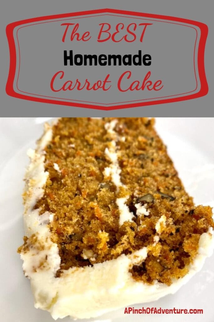 This is by far the BEST recipe for homemade carrot cake from scratch! The carrot cake recipe with walnuts is perfectly moist and frosted with amazing cream cheese frosting from scratch also. This is the perfect spring dessert, perfect for any party or Easter brunch. I use walnuts in it but feel free to add raisins or to make it as cupcakes! -APinchOfAdventure