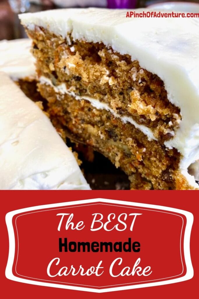 This is by far the BEST recipe for homemade carrot cake from scratch! The carrot cake recipe with walnuts is perfectly moist and frosted with amazing cream cheese frosting from scratch also. This is the perfect spring dessert, perfect for any party or Easter brunch. I use walnuts in it but feel free to add raisins or to make it as cupcakes! -APinchOfAdventure