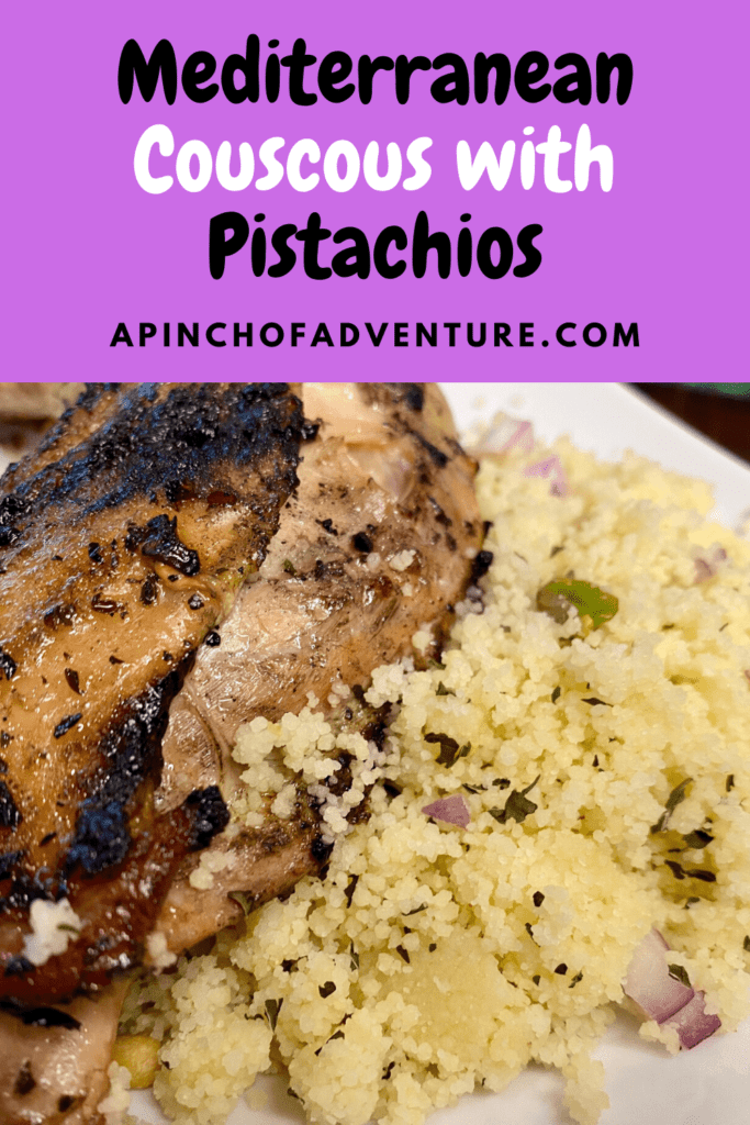 This Mediterranean couscous with pistachios recipe is a very fast an easy recipe. If you are looking for an easy and healthy couscous salad recipe, this one is it. It's ready in under 10 minutes. This couscous recipe has a lemon and herb dressing and is full of healthy pistachios, mint and olive oil. This is perfect if you follow a Mediterrranean diet. Serve it warm or at room temperature. It is a family friendly side dish as well. #vegan #vegetarian #mediterranean #lebanese #lemon #couscous #mint #salad #healthyfood -APinchOfAdventure