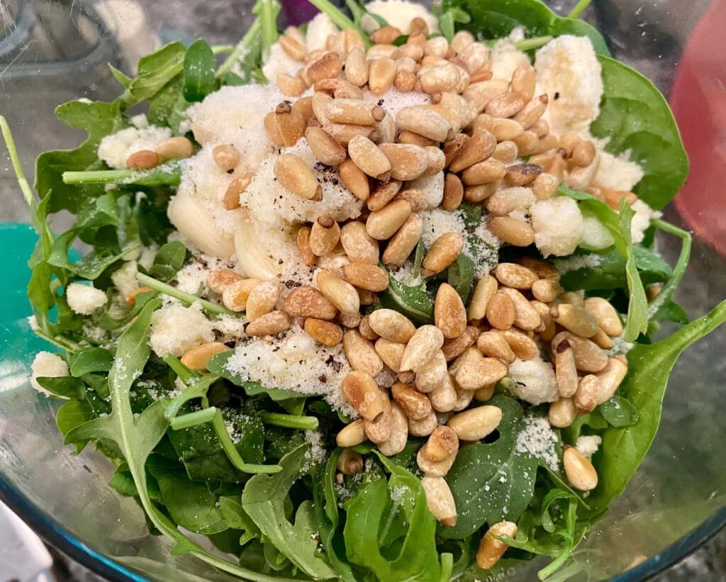 pesto with pine nuts, basil and spinach