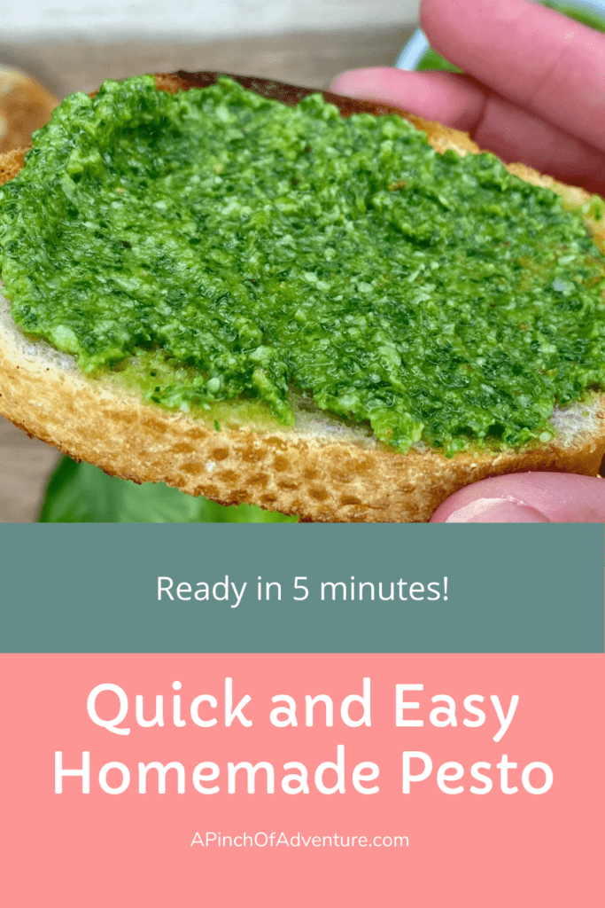 This is the BEST homemade pesto recipe and it is quick and easy as well. Ready in under 5 minutes, this healthy pesto is made with fresh basil, spinach, and pine nuts. It can also be made without pine nuts and with walnuts instead. If you are wondering what to do with fresh basil, try making this easy pesto recipe. It's also vegetarian and gluten free. #basil #basilpesto #pesto #pestorecipe #easypesto #appetizer #healthyrecipe