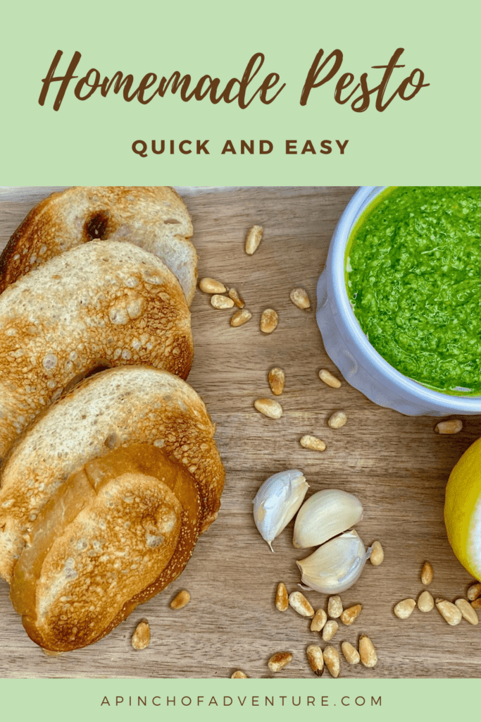 This is the BEST homemade pesto recipe and it is quick and easy as well. Ready in under 5 minutes, this healthy pesto is made with fresh basil, spinach, and pine nuts. It can also be made without pine nuts and with walnuts instead. If you are wondering what to do with fresh basil, try making this easy pesto recipe. It's also vegetarian and gluten free. #basil #basilpesto #pesto #pestorecipe #easypesto #appetizer #healthyrecipe
