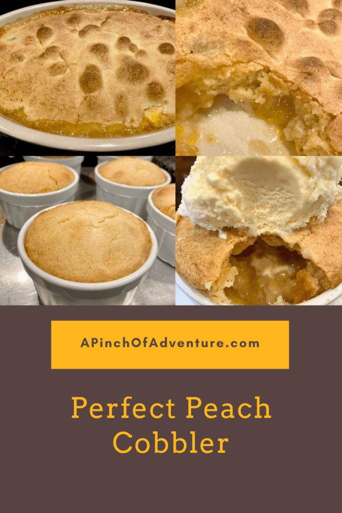 This delicious and easy peach cobbler is made from scratch with fresh peaches and an amazing, cake-like topping. The batter is flour based and is crunchy on the top and bread-like underneath and melts into the gooey sweet peaches. Serve with vanilla ice-cream and this make the perfect, easy homemade peach cobbler recipe. This recipe is simple and has a southern flare, and is a great peach recipe for dessert.