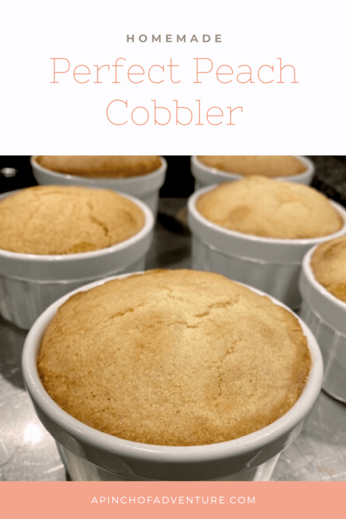 This delicious and easy peach cobbler is made from scratch with fresh peaches and an amazing, cake-like topping. The batter is flour based and is crunchy on the top and bread-like underneath and melts into the gooey sweet peaches. Serve with vanilla ice-cream and this make the perfect, easy homemade peach cobbler recipe. This recipe is simple and has a southern flare, and is a great peach recipe for dessert.