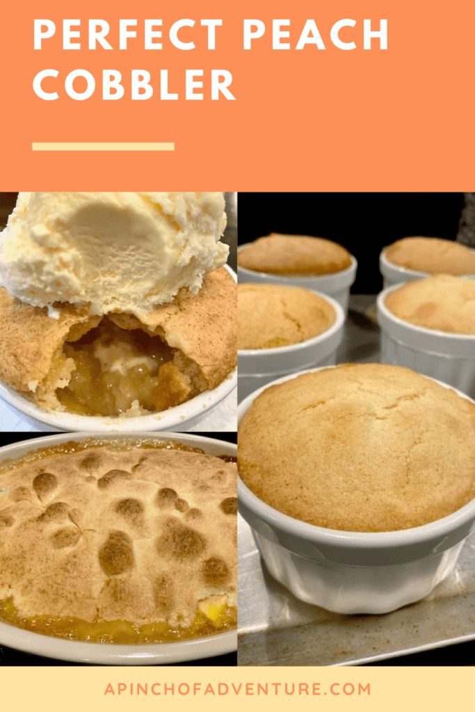 This delicious and easy peach cobbler is made from scratch with fresh peaches and an amazing, cake-like topping. The batter is flour based and is crunchy on the top and bread-like underneath and melts into the gooey sweet peaches. Serve with vanilla ice-cream and this make the perfect, easy homemade peach cobbler recipe. This recipe is simple and has a southern flare, and is a great peach recipe for dessert.