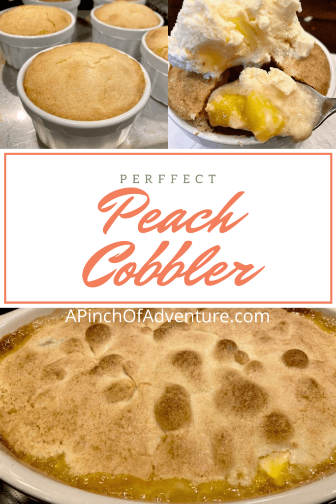 This delicious and easy peach cobbler is made from scratch with fresh peaches and an amazing, cake-like topping. The batter is flour based and is crunchy on the top and bread-like underneath and melts into the gooey sweet peaches. Serve with vanilla ice-cream and this make the perfect, easy homemade peach cobbler recipe. This recipe is simple and has a southern flare, and is a great peach recipe for dessert.