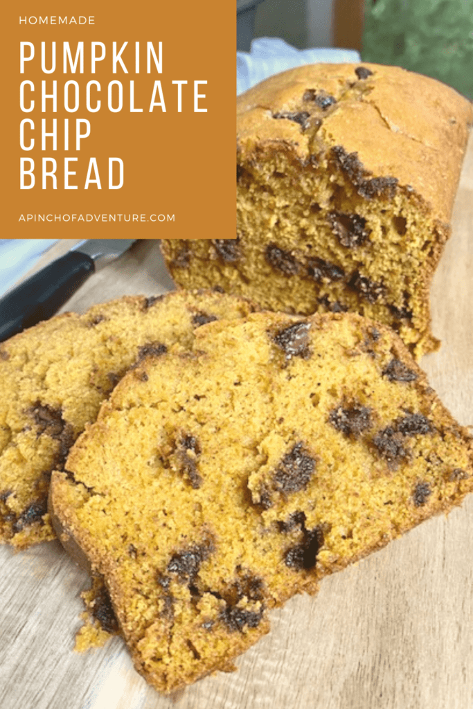 This homemade Pumpkin Chocolate Chip Bread recipe is super a easy and simple fall baking idea. If you are looking for a pumpkin dessert recipe that's easy, look no further. This pumpkin bread is made with chocolate chips and makes 3 whole loaves that can serve a crowd. It is very similar to Great Harvest's pumpkin chocolate chip bread and comes out moist. It is also freezes well and can be pulled out later for a tasty fall dessert idea. -APinchOfAdenture
