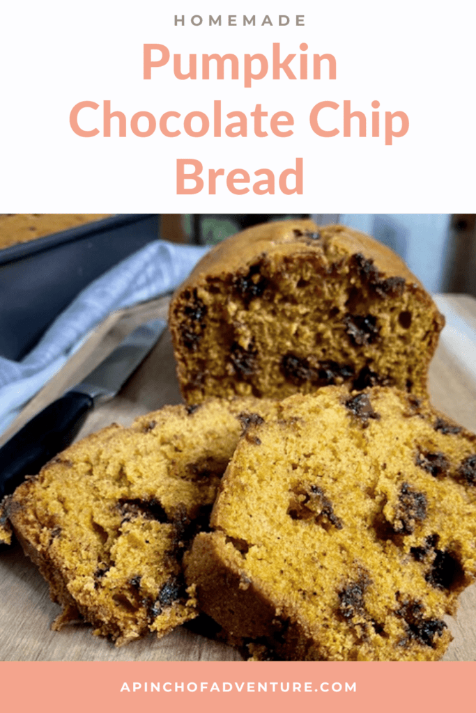 This homemade Pumpkin Chocolate Chip Bread recipe is super a easy and simple fall baking idea. If you are looking for a pumpkin dessert recipe that's easy, look no further. This pumpkin bread is made with chocolate chips and makes 3 whole loaves that can serve a crowd. It is very similar to Great Harvest's pumpkin chocolate chip bread and comes out moist. It is also freezes well and can be pulled out later for a tasty fall dessert idea. -APinchOfAdenture