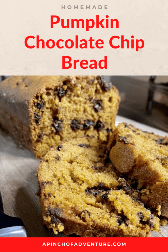 This homemade Pumpkin Chocolate Chip Bread recipe is super a easy and simple fall baking idea. If you are looking for a pumpkin dessert recipe that's easy, look no further. This pumpkin bread is made with chocolate chips and makes 3 whole loaves that can serve a crowd. It is very similar to Great Harvest's pumpkin chocolate chip bread and comes out moist. It is also freezes well and can be pulled out later for a tasty fall dessert idea. -APinchOfAdenture