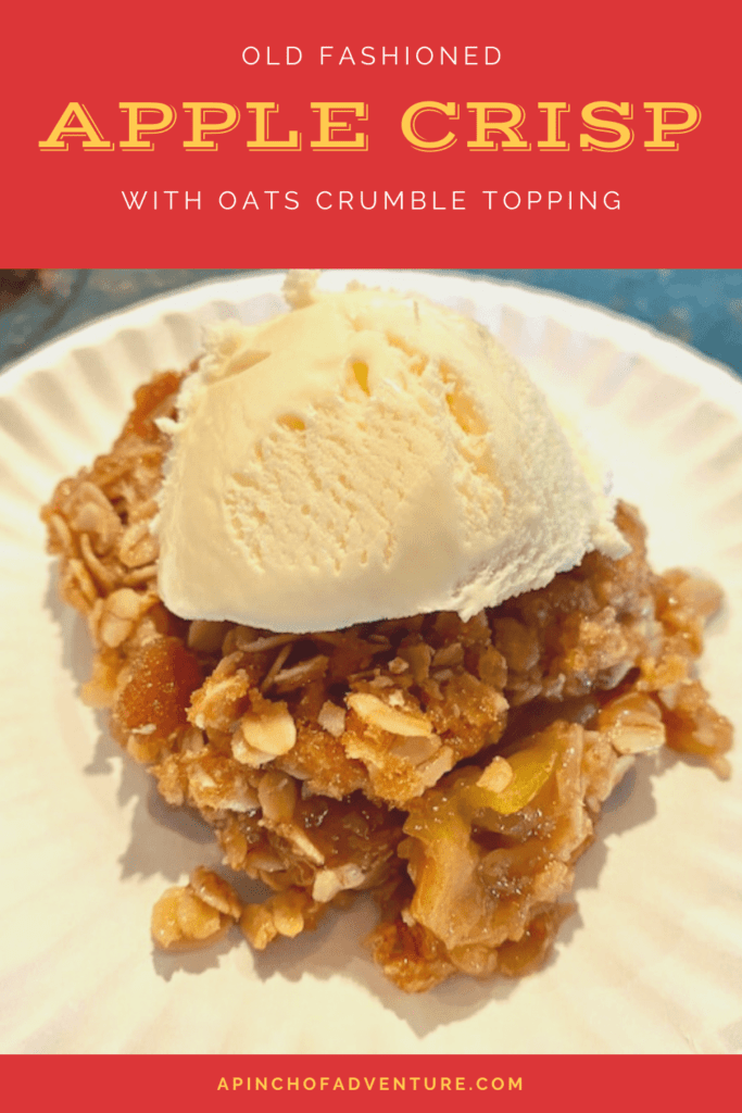 This is the best homemade apple crisp made with a delicious oats crumble topping. It can be made in a cast iron skillet or in a 9 x 13 pan. Prepare it with gluten free oats and almond flour to make it GF and enjoy this amazing apple dessert warm a la mode. The brown sugar and oat topping is the best apple crisp topping out there and is extra crispy. This is the best easy fall dessert idea with apples and it feeds a crowd
