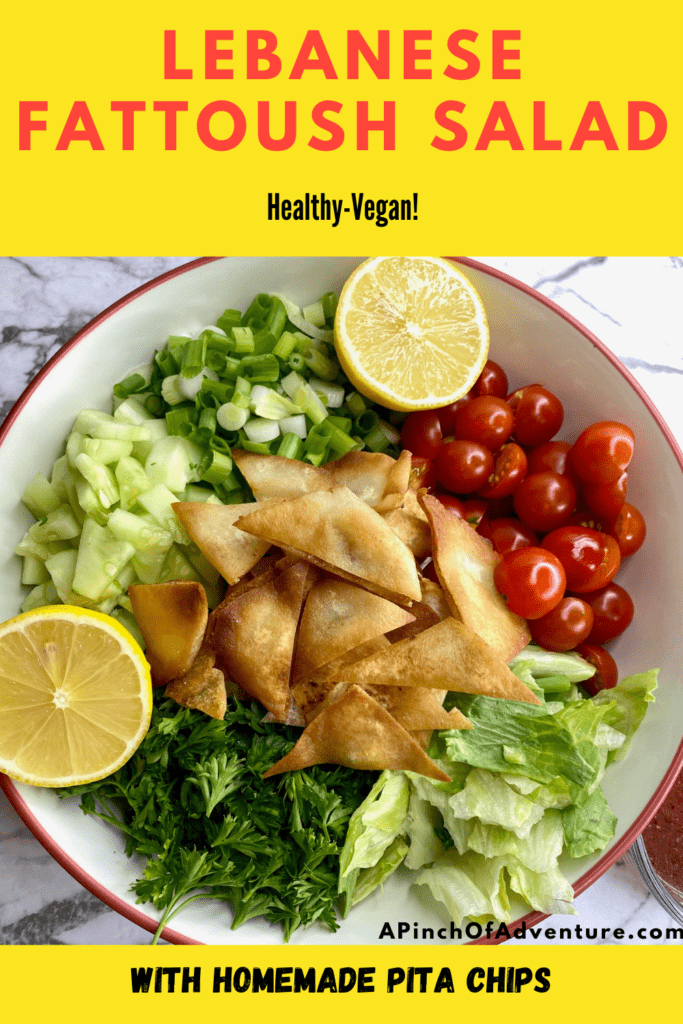 This Mediterranean salad recipe is delicious and fresh and made with homemade fried pita chips. It is the perfect chopped salad recipe and healthy as well. Full of fresh ingredients it is a staple of Middle Eastern recipes that leaves you feeling good. Mediterranean recipes are delightful and flavorful. If you are looking for Mediterranean Diet recipes, put this on the list. This is a classic and authentic Lebanese Salad recipe