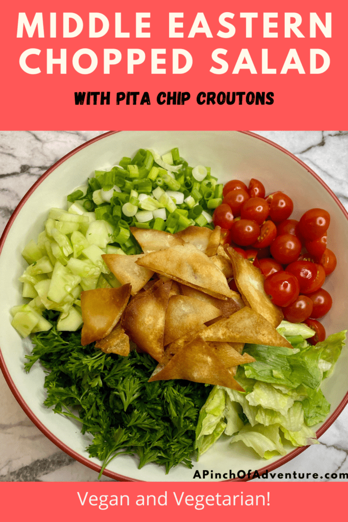 This Mediterranean salad recipe is delicious and fresh and made with homemade fried pita chips. It is the perfect chopped salad recipe and healthy as well. Full of fresh ingredients it is a staple of Middle Eastern recipes that leaves you feeling good. Mediterranean recipes are delightful and flavorful. If you are looking for Mediterranean Diet recipes, put this on the list. This is a classic and authentic Lebanese Salad recipe