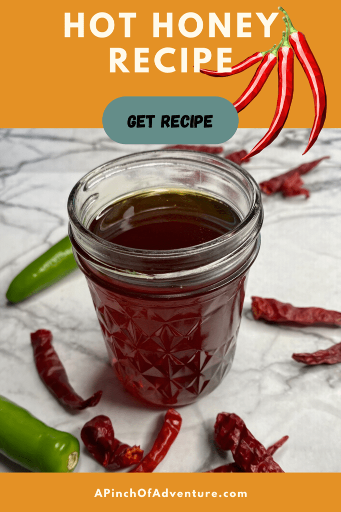 This hot honey recipe is sweet and spicy and is the perfect hot pepper infused honey! Spicy honey is the perfect addition to biscuits, chicken and waffles, fried chicken and of course pizza and hot honey. Use it as a spicy honey sauce for dips or for a hot honey sauce for spread as well and it is the perfect addition to a cheese board! This is a Mike's hot honey copycat recipe which is a chili pepper infused honey complete with tutorial of house to infuse honey.