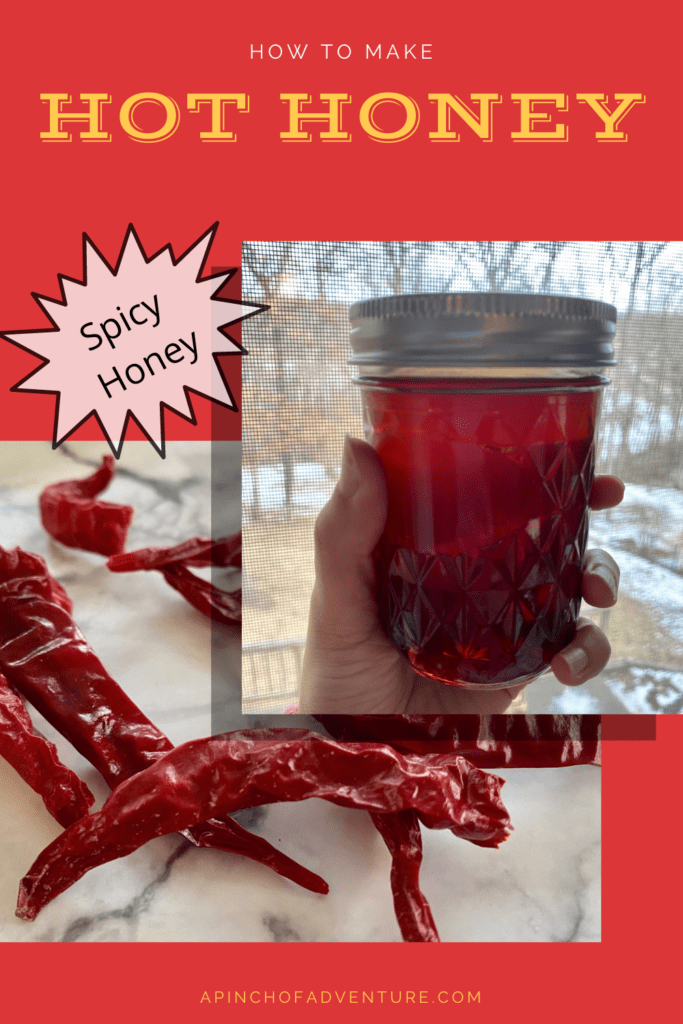 This hot honey recipe is sweet and spicy and is the perfect hot pepper infused honey! Spicy honey is the perfect addition to biscuits, chicken and waffles, fried chicken and of course pizza and hot honey. Use it as a spicy honey sauce for dips or for a hot honey sauce for spread as well and it is the perfect addition to a cheese board! This is a Mike's hot honey copycat recipe which is a chili pepper infused honey complete with tutorial of house to infuse honey.