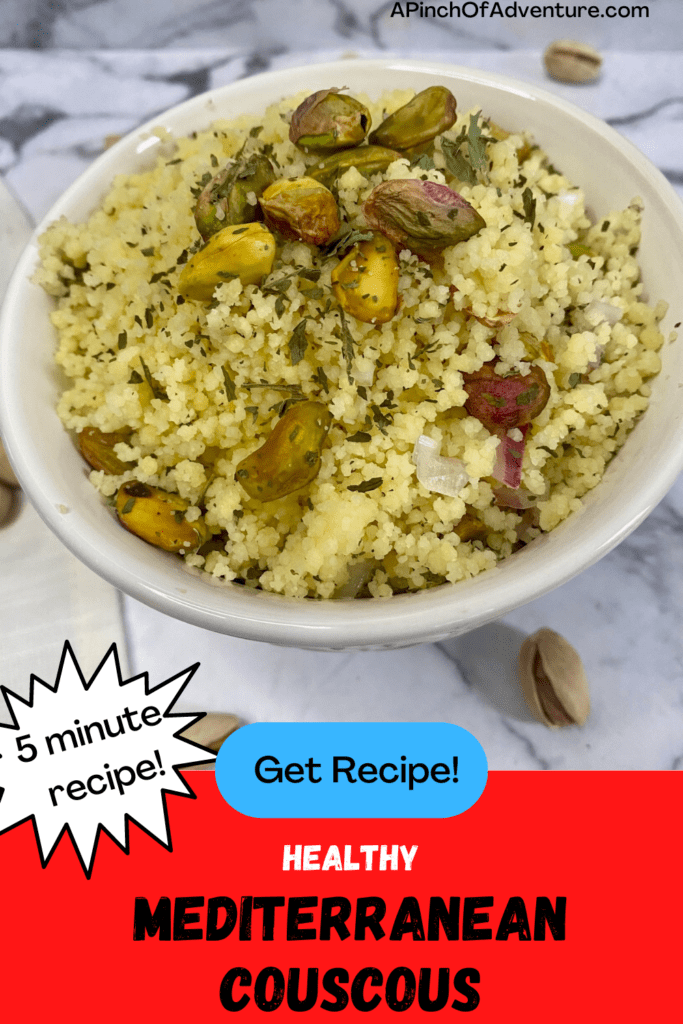 This is by far one of the Best couscous recipes out there! It is a healthy couscous salad that is wonderful addition to Mediterranean recipes. This easy couscous salad is made with pistachios and is truly a 10 minute recipe. Lemon couscous is made with pistachios, red onions and mint dressing for a truly delicious vegan side dish. Substitute or add pine nuts for the best couscous with pine nuts and mint