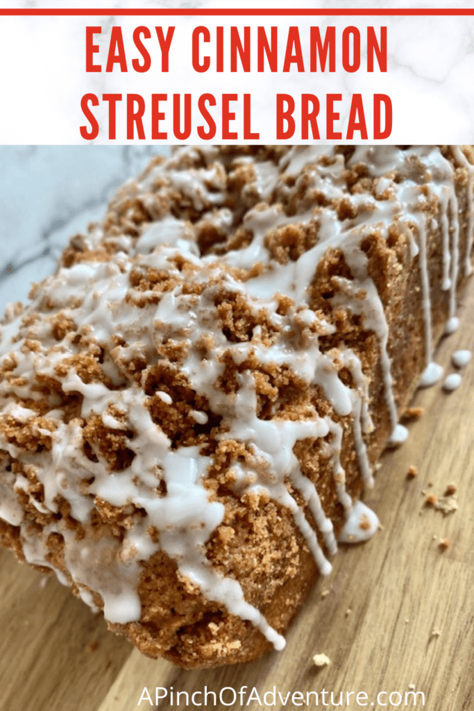 Cinnamon Streusel Bread with cinnamon streusel topping is an easy cinnamon quick bread recipe that is perfect! This easy cinnamon roll bread is made without yeast and it is a no knead recipe! Cinnamon quick bread is delicious and the perfect breakfast idea. This recipe can also easily be turned into cinnamon streusel muffins. The cinnamon streusel topping is an extra crumbly streusel topping and is perfect for many different pastries and crumb cakes as well