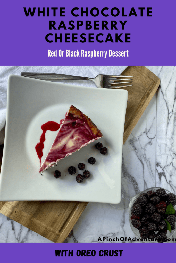 Looking for a raspberry dessert recipes? Look no further than this white chocolate raspberry cheesecake with Oreo crust. This can either be a black raspberry dessert recipe or it can be an idea for dessert with red raspberries. This white chocolate cheesecake with raspberry sauce is divine and rich and is the BEST white chocolate raspberry cheesecake recipe. You have to make this raspberry swirl. Complete with homemade raspberry topping