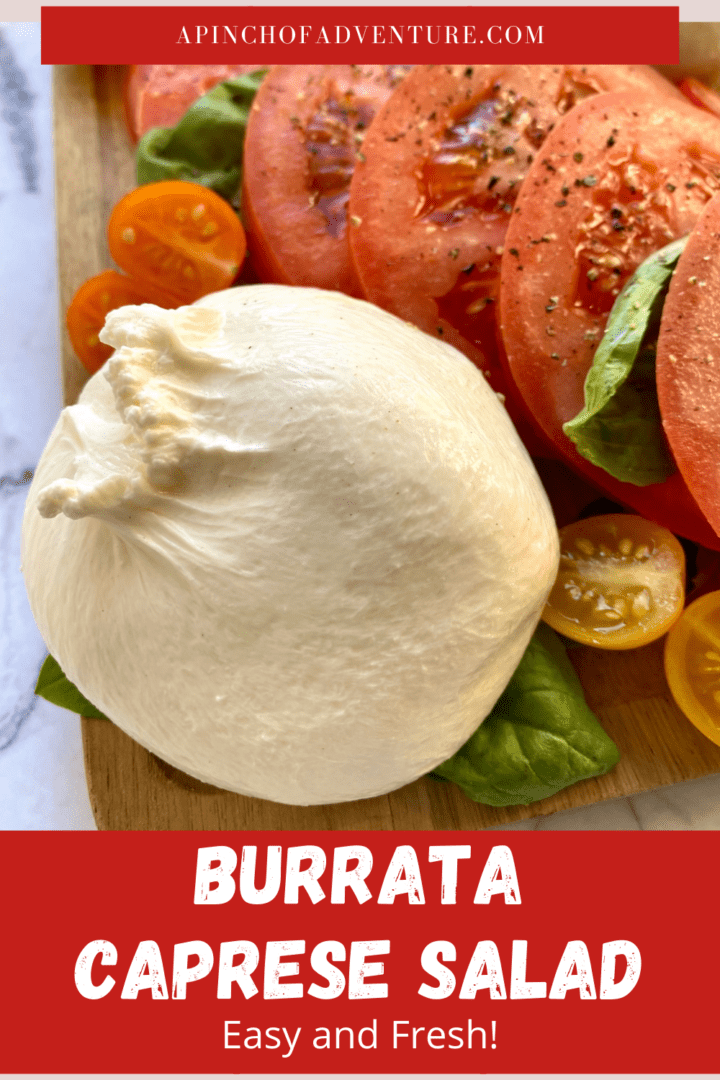 Looking for a burrata recipe? This Burrata caprese salad recipe is easy and is the best burrata appetizer recipe! Caprese with burrata is a spin on the classic caprese salad recipe since it is a recipe with fresh burrata cheese instead of mozzarella. Serve this caprese salad with heirloom tomatoes at your next gathering!